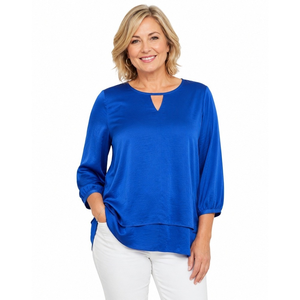 Chicos Bijou Royal Blue Keyhole Layered Tunic 3/4 Sleeve Blouse Size 1 Medium